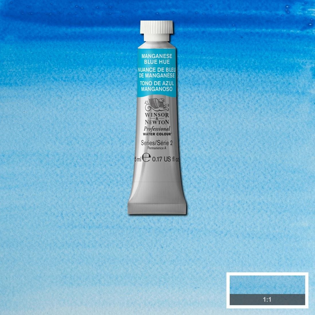 Tube of Manganese Blue Hue Winsor & Newton Professional Water Colour with a paint swatch for the background