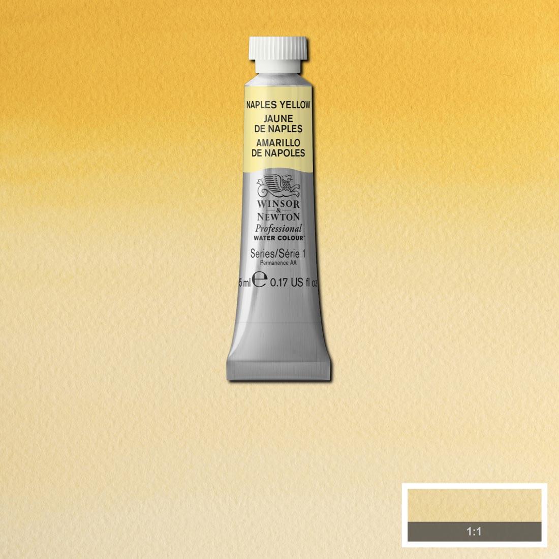 Tube of Naples Yellow Winsor & Newton Professional Water Colour with a paint swatch for the background
