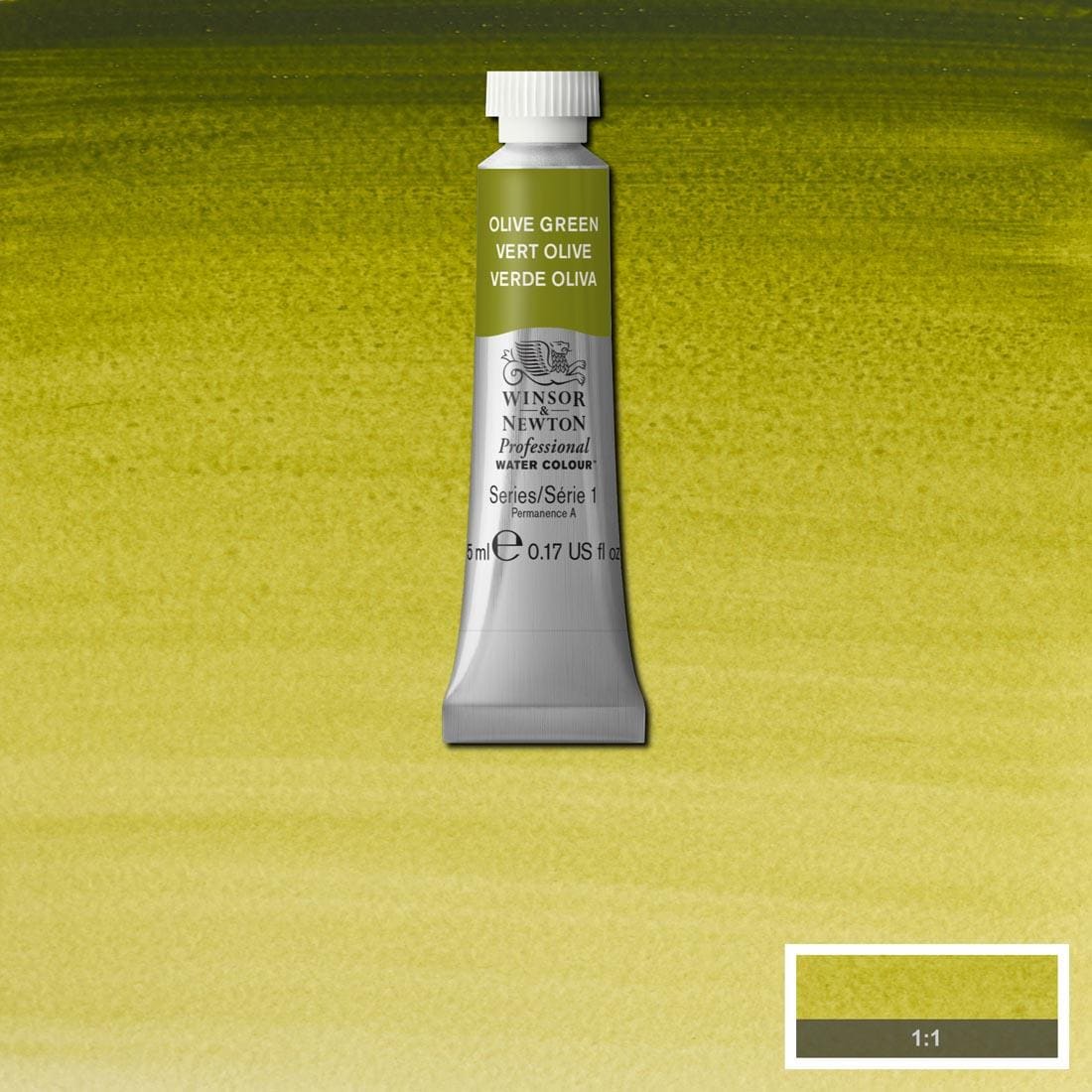 Tube of Olive Green Winsor & Newton Professional Water Colour with a paint swatch for the background