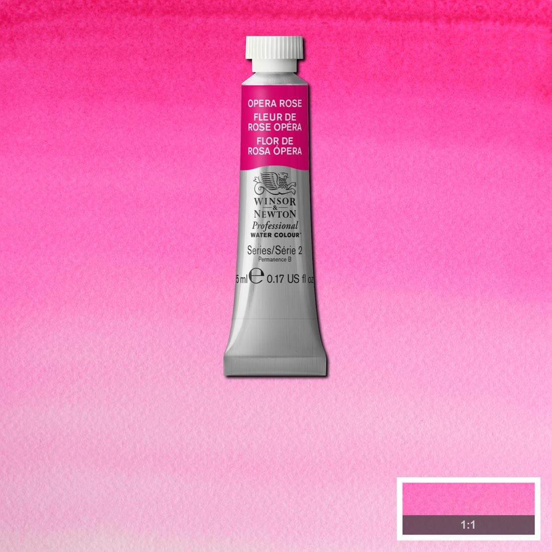 Tube of Opera Rose Winsor & Newton Professional Water Colour with a paint swatch for the background