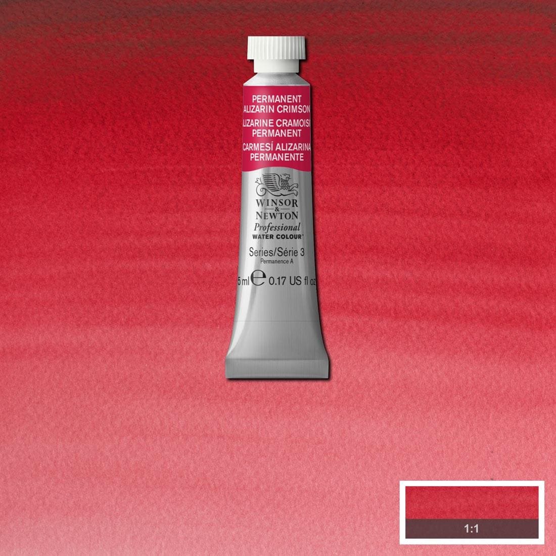 Tube of Permanent Alizarin Crimson Winsor & Newton Professional Water Colour with a paint swatch for the background