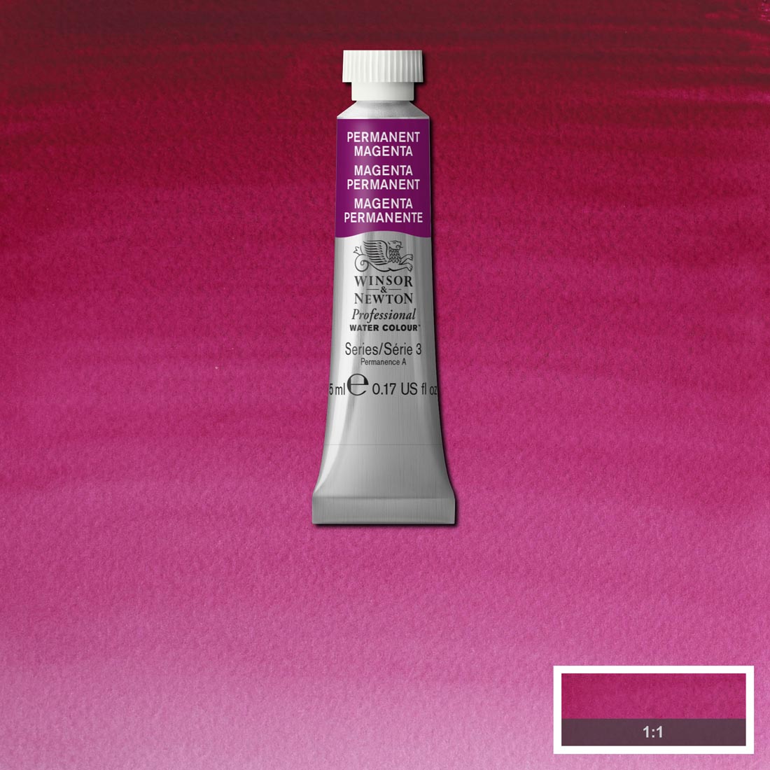Tube of Permanent Magenta Winsor & Newton Professional Water Colour with a paint swatch for the background