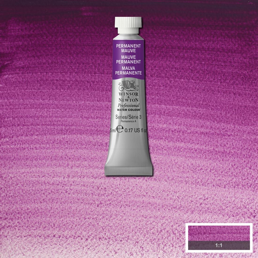 Tube of Permanent Mauve Winsor & Newton Professional Water Colour with a paint swatch for the background