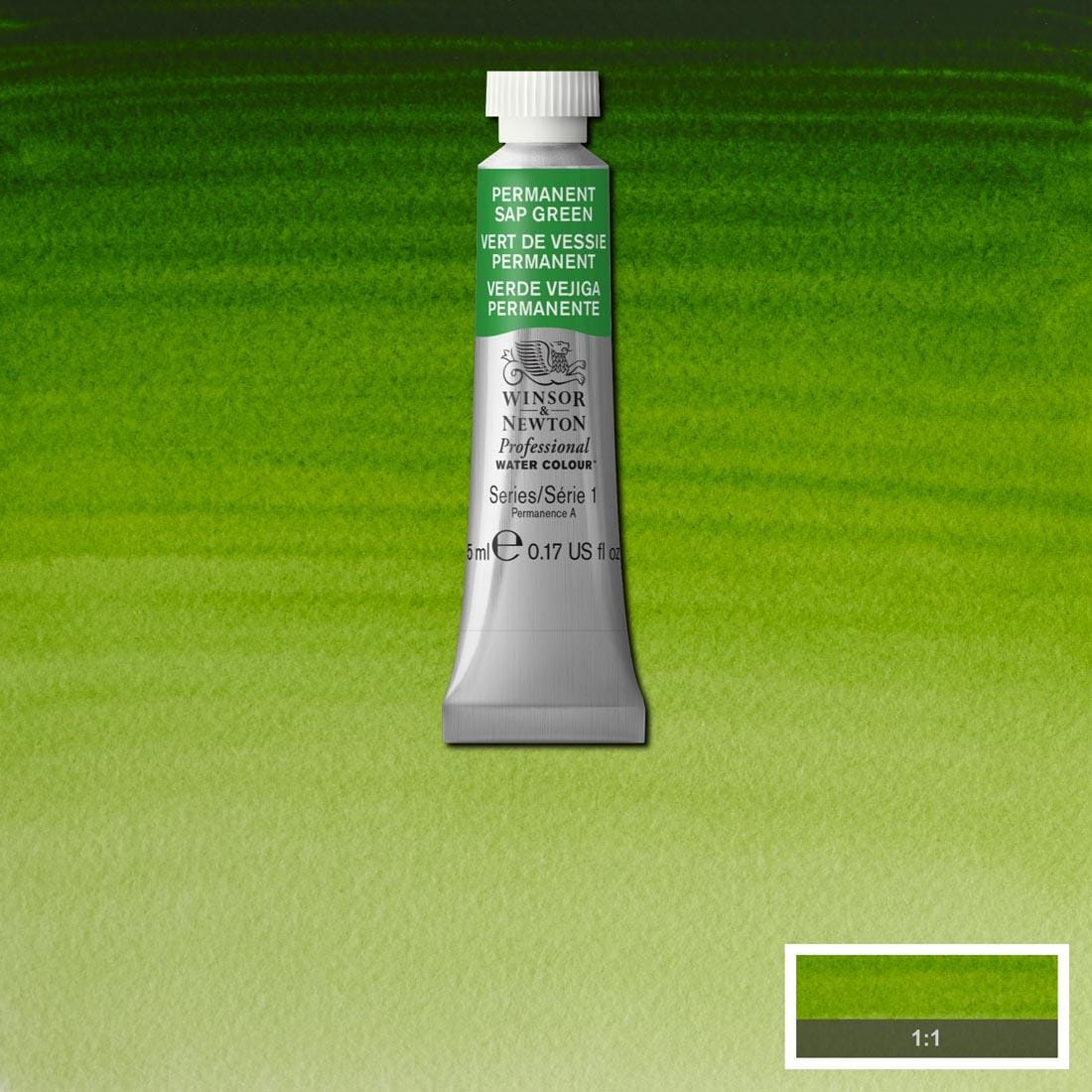 Tube of Permanent Sap Green Winsor & Newton Professional Water Colour with a paint swatch for the background