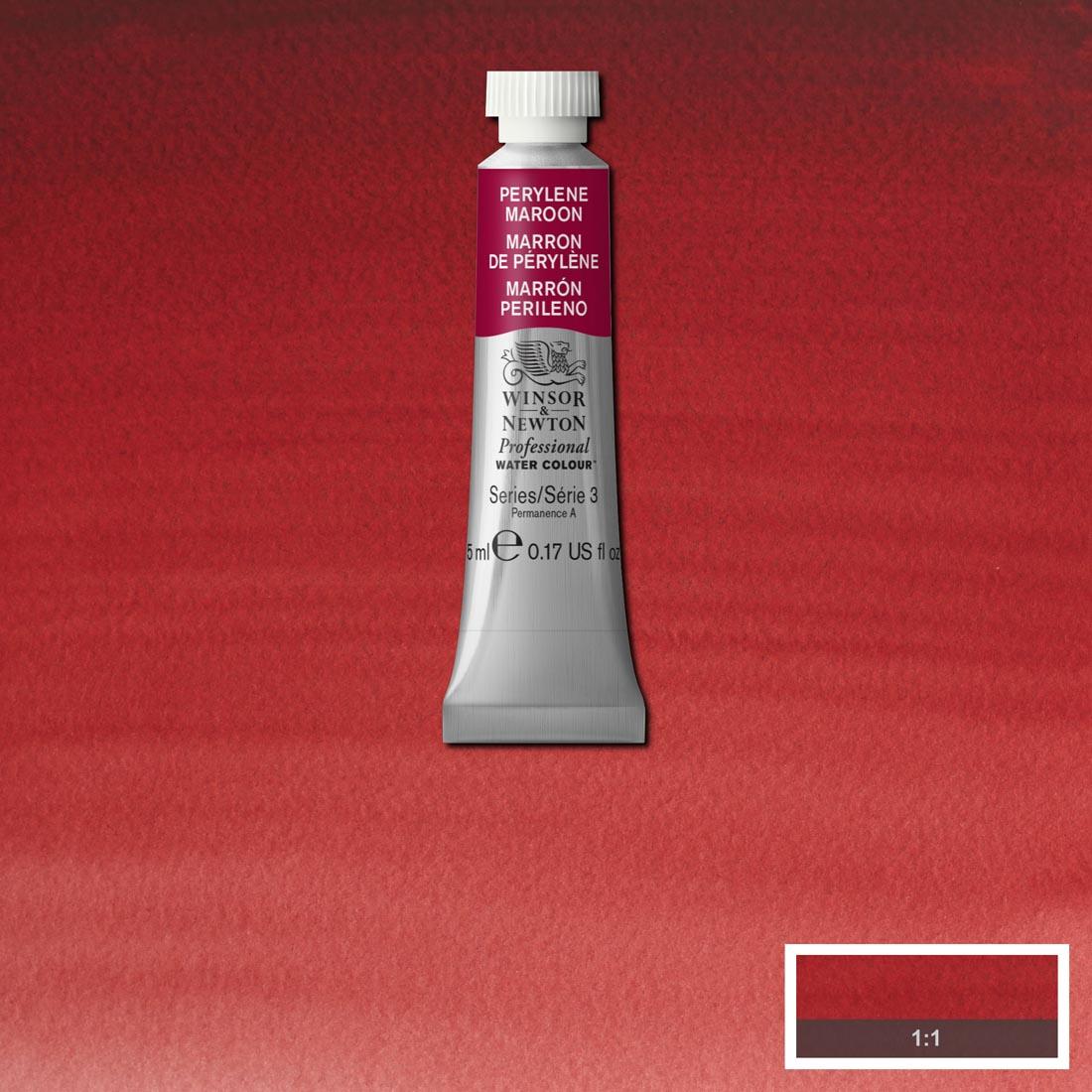 Tube of Perylene Maroon Winsor & Newton Professional Water Colour with a paint swatch for the background