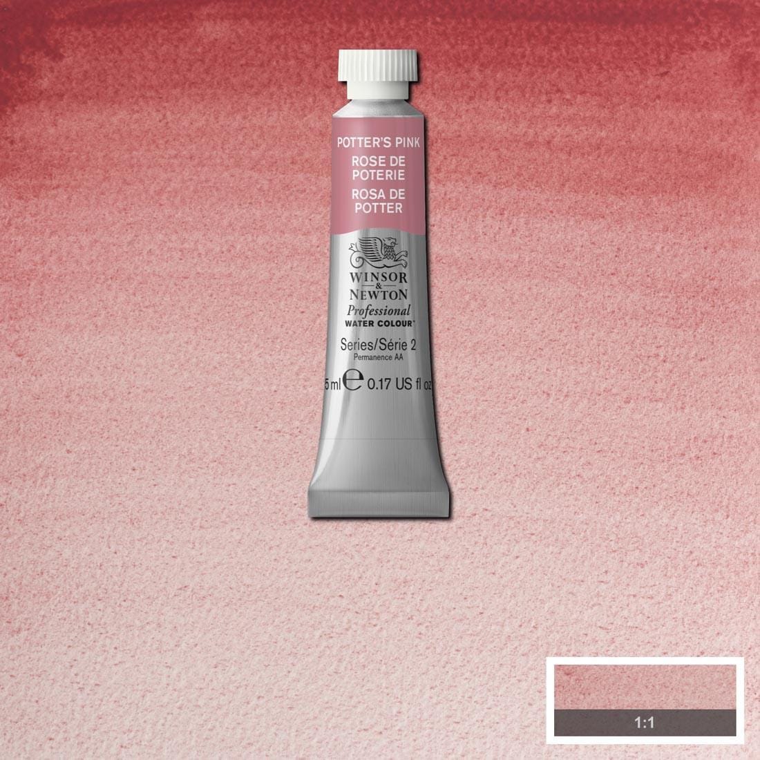 Tube of Potter's Pink Winsor & Newton Professional Water Colour with a paint swatch for the background