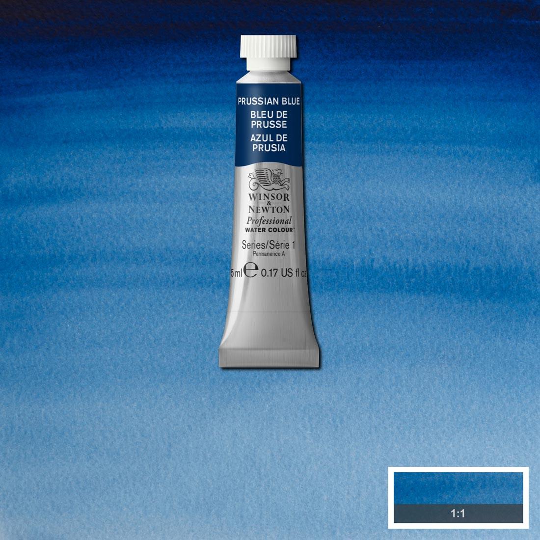 Tube of Prussian Blue Winsor & Newton Professional Water Colour with a paint swatch for the background