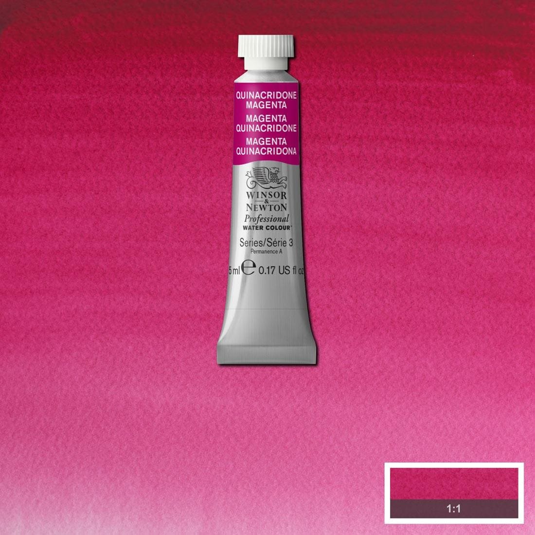 Tube of Quinacridone Magenta Winsor & Newton Professional Water Colour with a paint swatch for the background