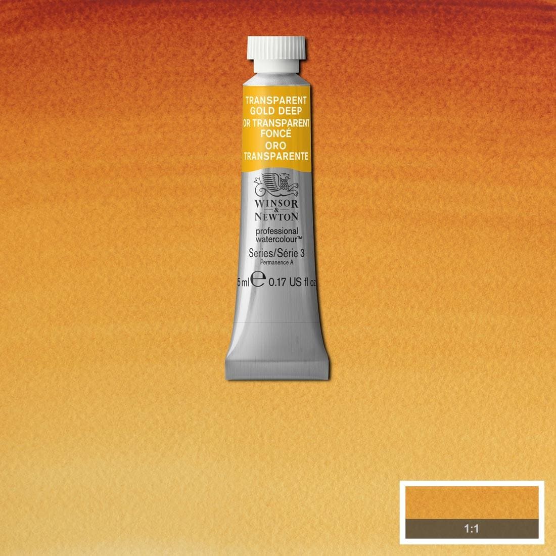 Tube of Transparent Gold Deep Winsor & Newton Professional Water Colour with a paint swatch for the background