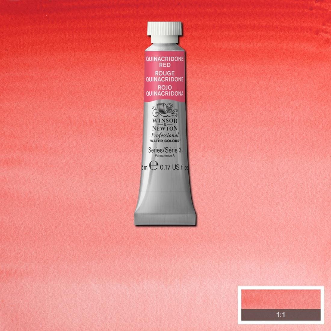 Tube of Quinacridone Red Winsor & Newton Professional Water Colour with a paint swatch for the background