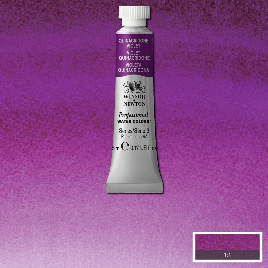 Tube of Quinacridone Violet Winsor & Newton Professional Water Colour with a paint swatch for the background