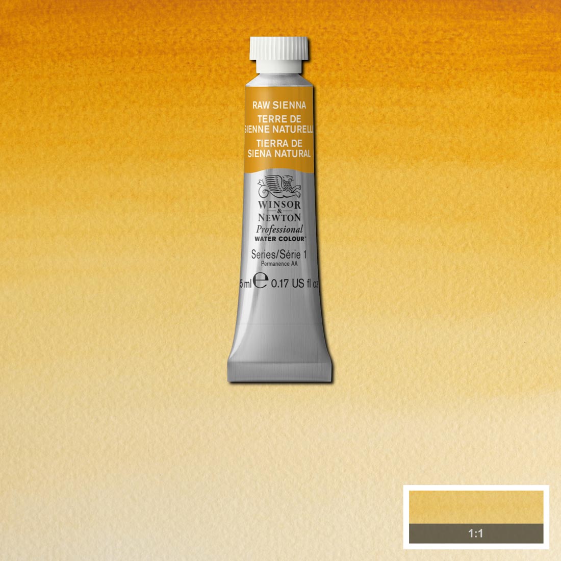 Tube of Raw Sienna Winsor & Newton Professional Water Colour with a paint swatch for the background