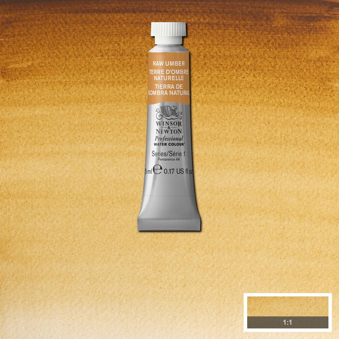 Tube of Raw Umber Winsor & Newton Professional Water Colour with a paint swatch for the background