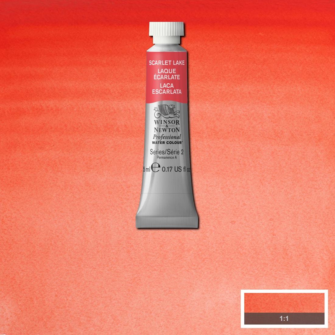 Tube of Scarlet Lake Winsor & Newton Professional Water Colour with a paint swatch for the background