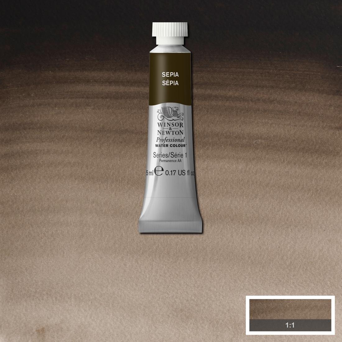 Tube of Sepia Winsor & Newton Professional Water Colour with a paint swatch for the background