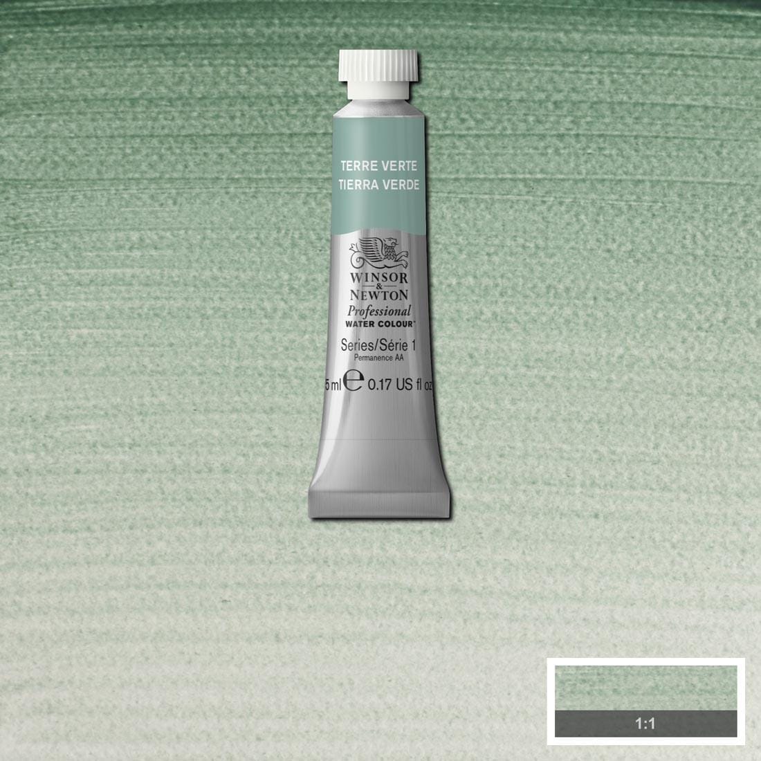 Tube of Terre Verte Winsor & Newton Professional Water Colour with a paint swatch for the background