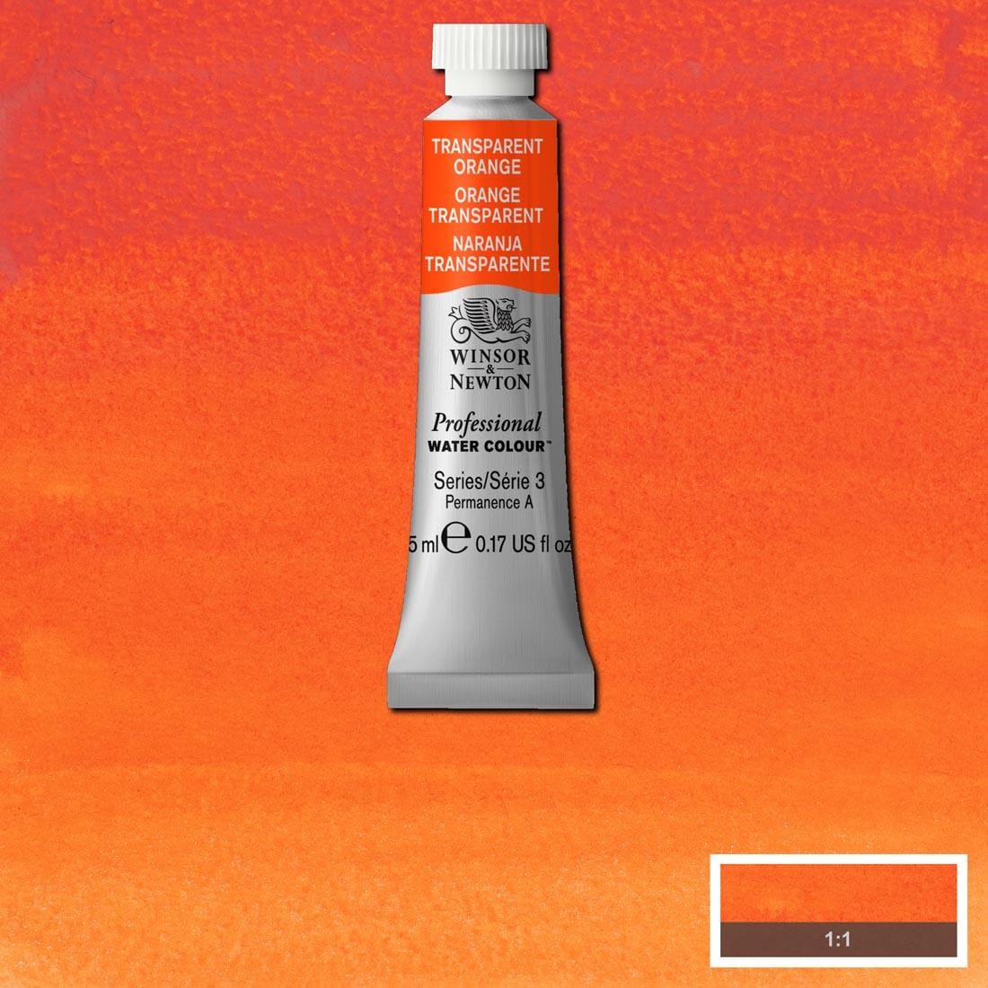 Tube of Transparent Orange Winsor & Newton Professional Water Colour with a paint swatch for the background