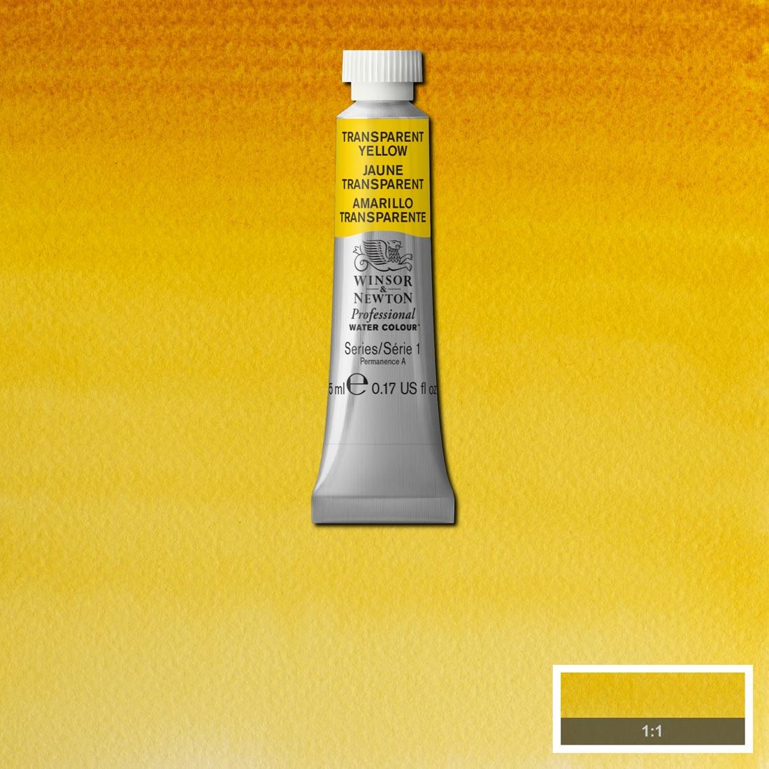 Tube of Transparent Yellow Winsor & Newton Professional Water Colour with a paint swatch for the background