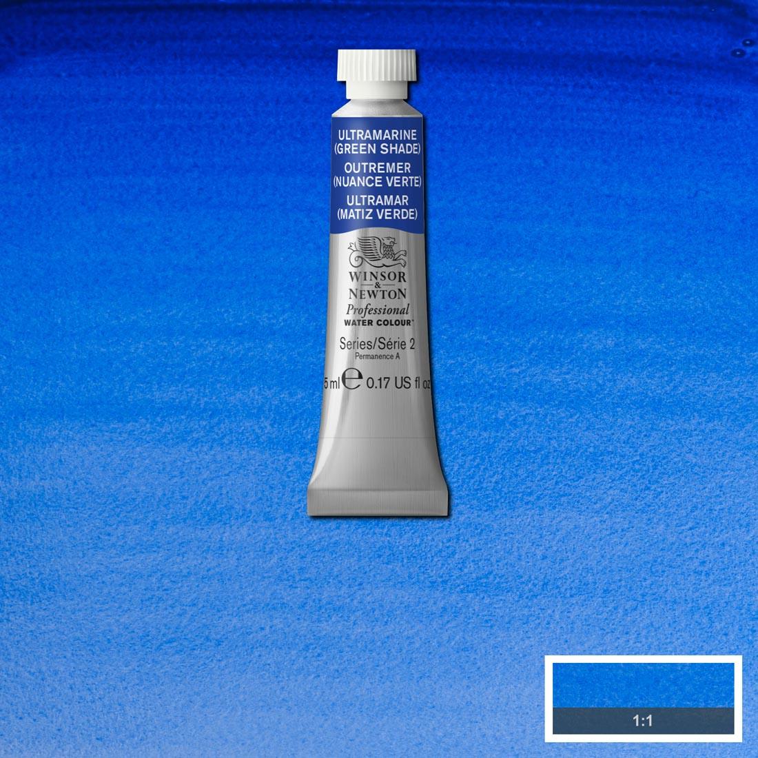 Tube of Ultramarine (Green Shade) Winsor & Newton Professional Water Colour with a paint swatch for the background