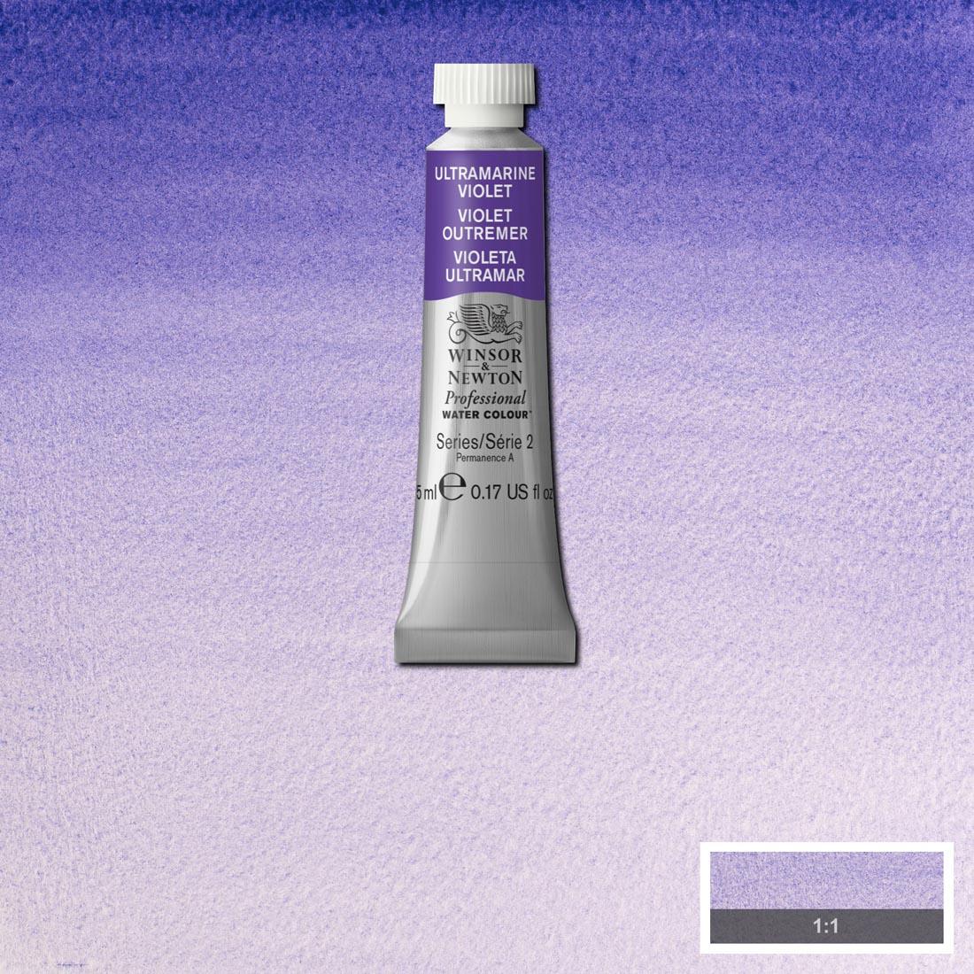 Tube of Ultramarine Violet Winsor & Newton Professional Water Colour with a paint swatch for the background