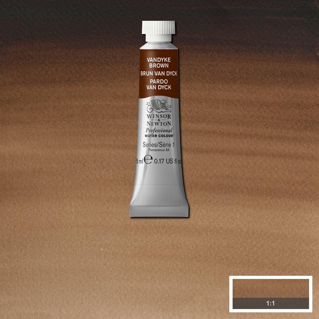 Tube of Vandyke Brown Winsor & Newton Professional Water Colour with a paint swatch for the background