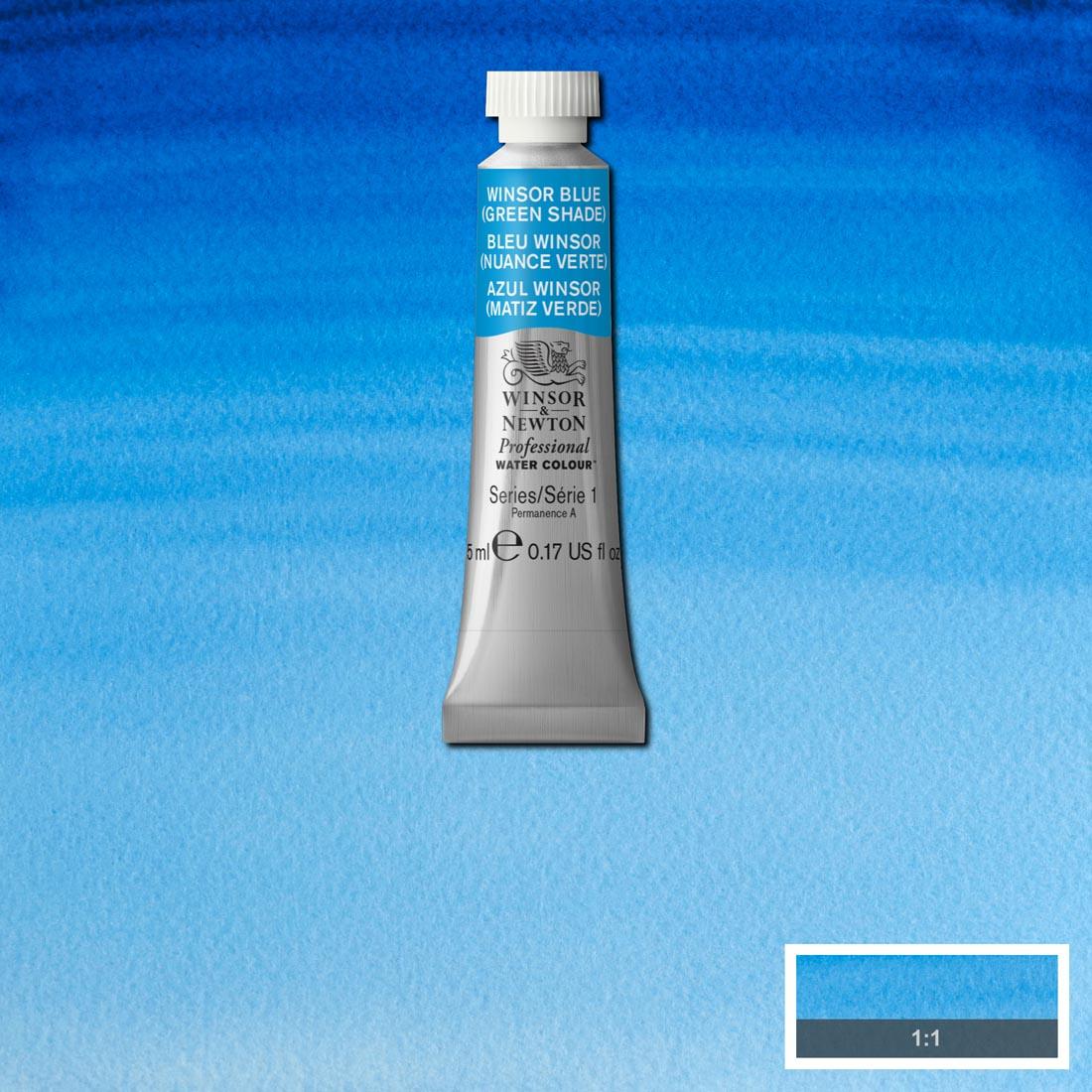 Tube of Winsor Blue (Green Shade) Winsor & Newton Professional Water Colour with a paint swatch for the background