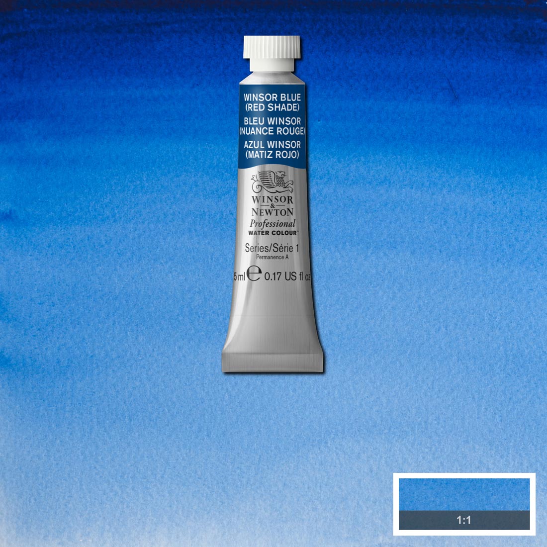 Tube of Winsor Blue (Red Shade) Winsor & Newton Professional Water Colour with a paint swatch for the background