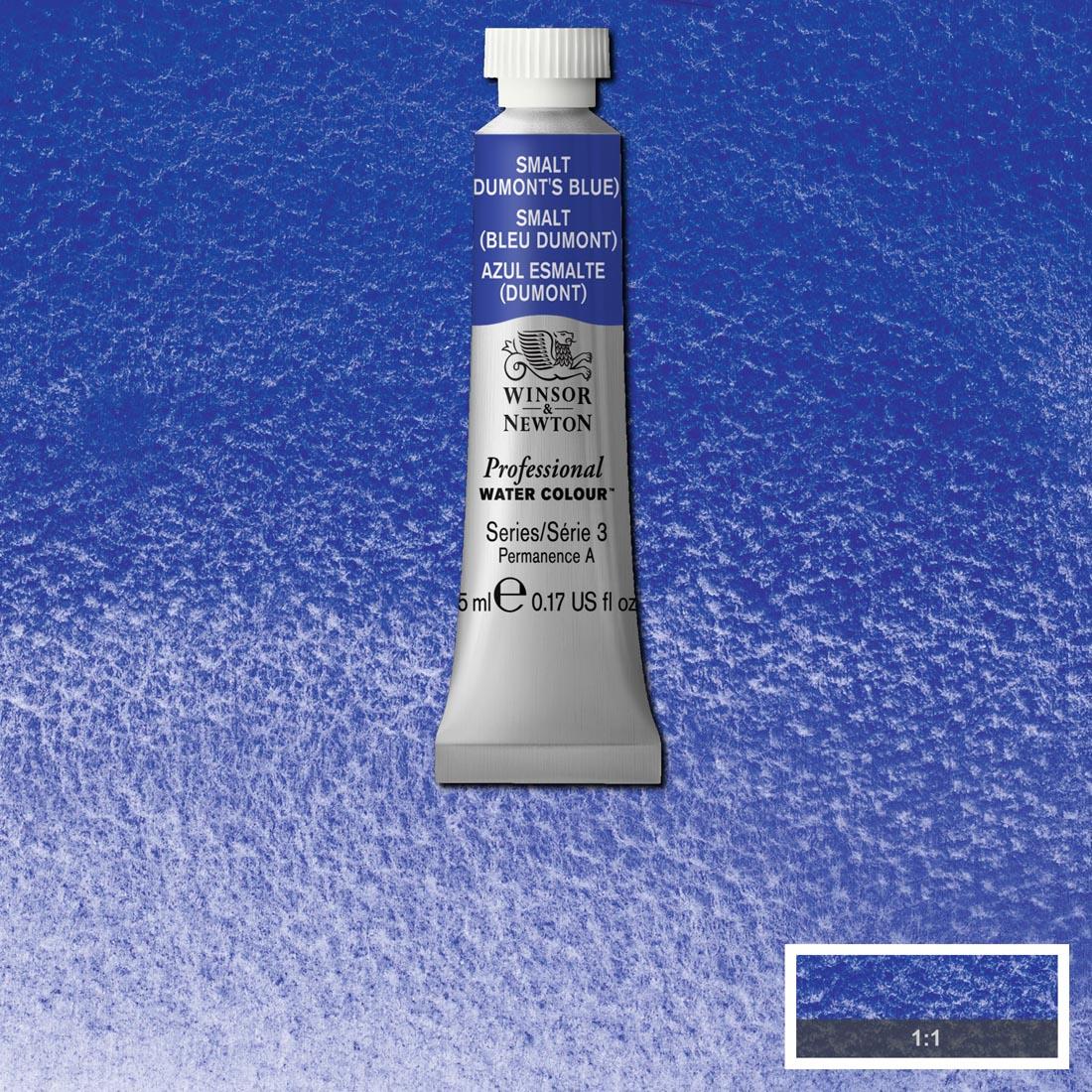 Tube of Smalt (Dumont's Blue) Winsor & Newton Professional Water Colour with a paint swatch for the background