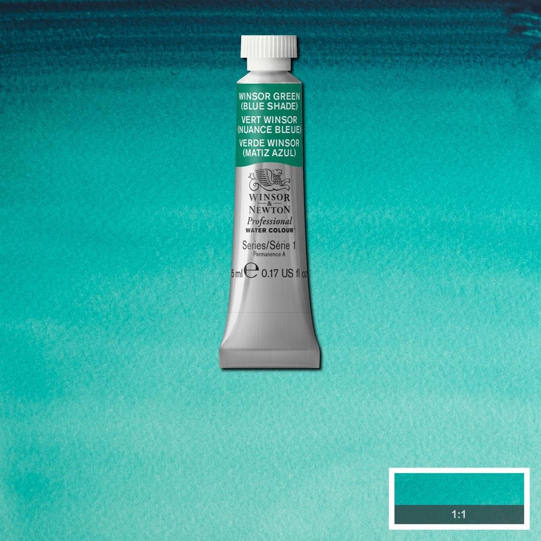 Tube of Winsor Green (Blue Shade) Winsor & Newton Professional Water Colour with a paint swatch for the background