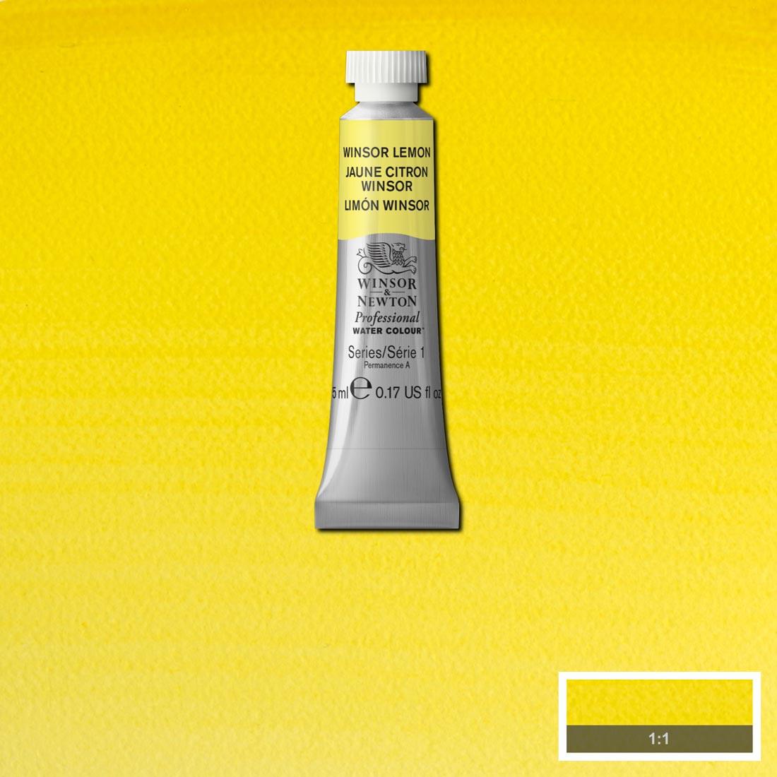 Tube of Winsor Lemon Winsor & Newton Professional Water Colour with a paint swatch for the background