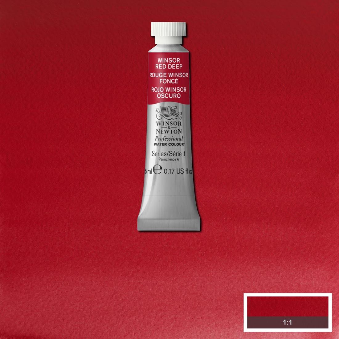 Tube of Winsor Red Deep Winsor & Newton Professional Water Colour with a paint swatch for the background