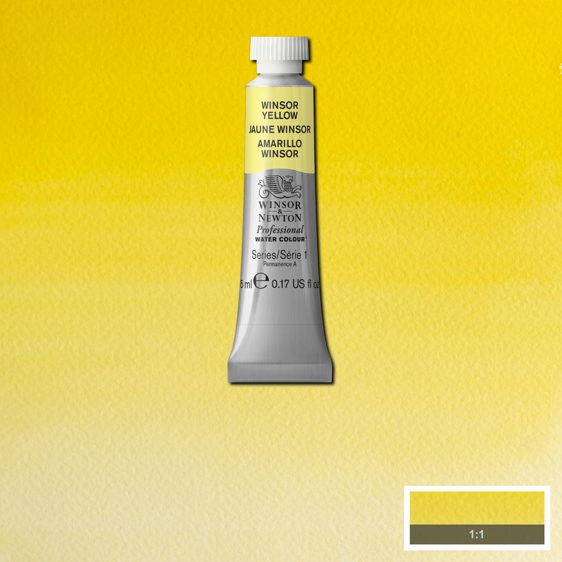 Tube of Winsor Yellow Winsor & Newton Professional Water Colour with a paint swatch for the background