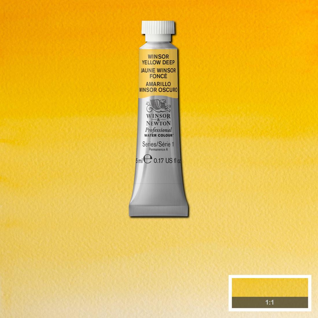 Tube of Winsor Yellow Deep Winsor & Newton Professional Water Colour with a paint swatch for the background