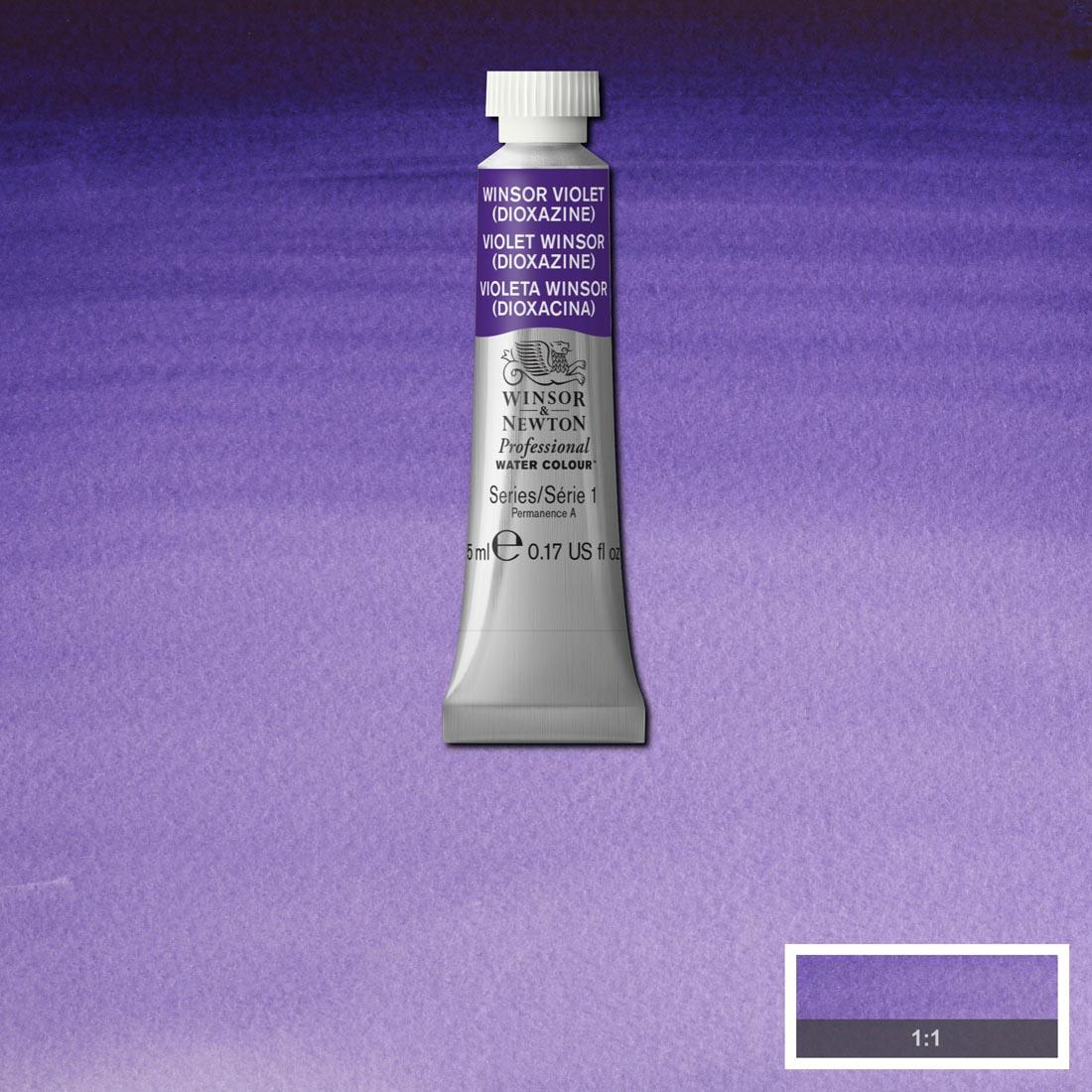 Tube of Winsor Violet (Dioxazine) Winsor & Newton Professional Water Colour with a paint swatch for the background