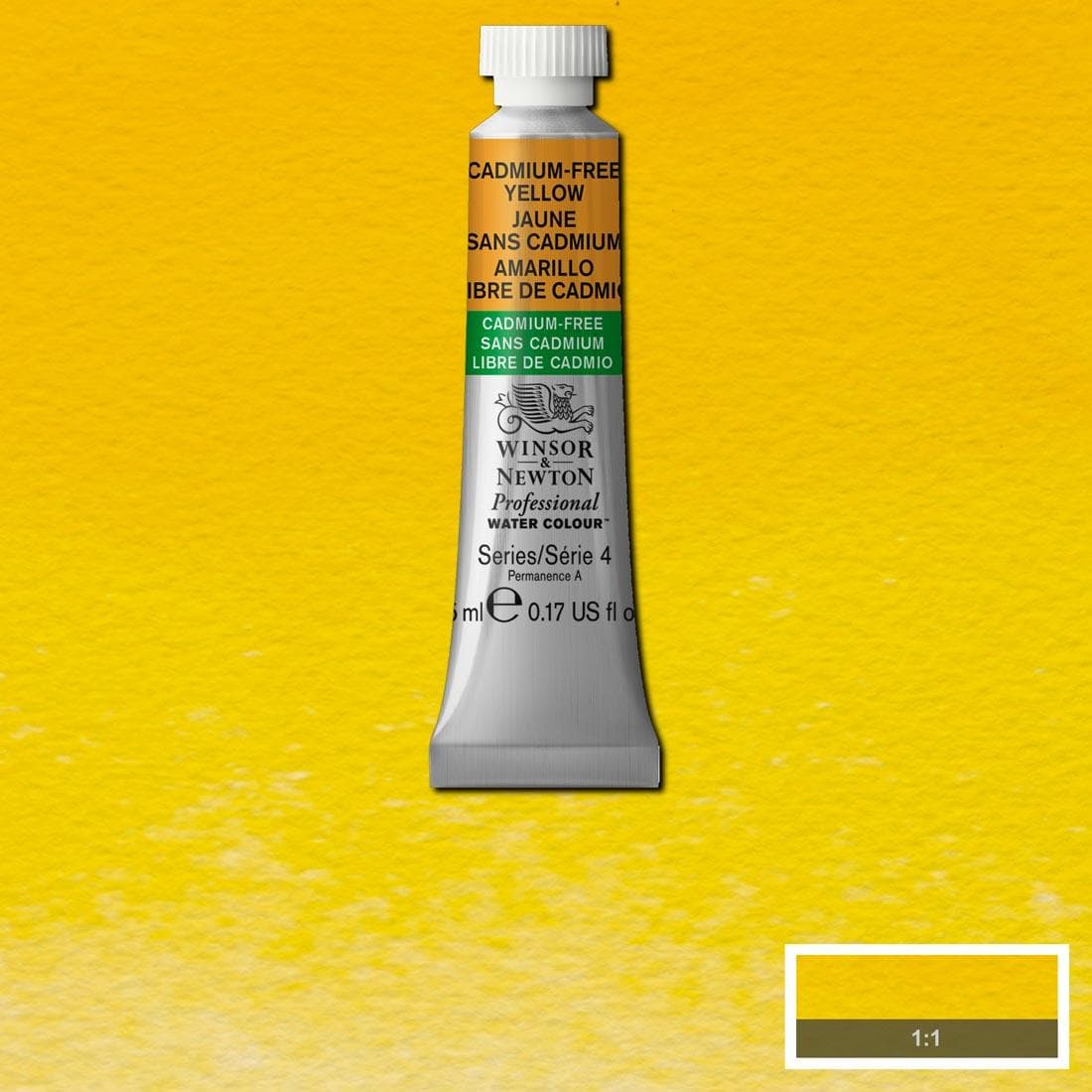 Tube of Cadmium-Free Yellow Winsor & Newton Professional Water Colour with a paint swatch for the background