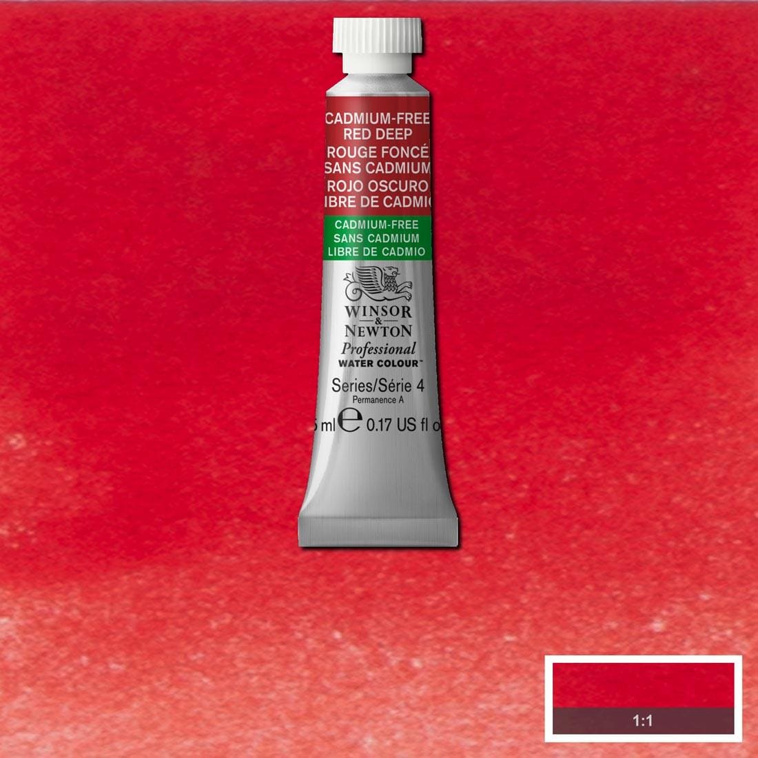 Tube of Cadmium-Free Red Deep Winsor & Newton Professional Water Colour with a paint swatch for the background