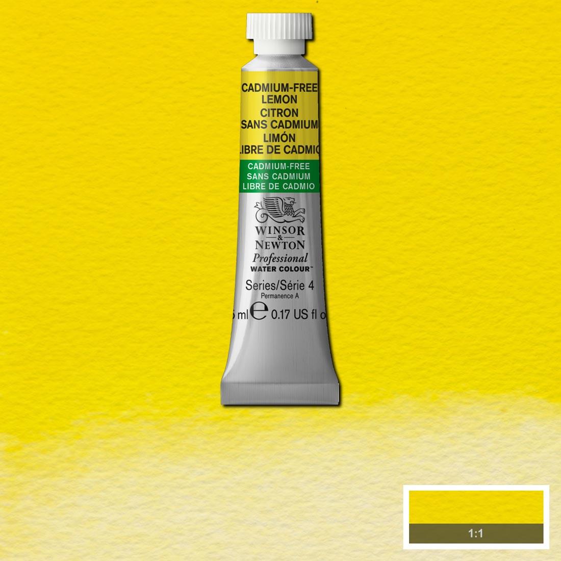 Tube of Cadmium-Free Lemon Winsor & Newton Professional Water Colour with a paint swatch for the background