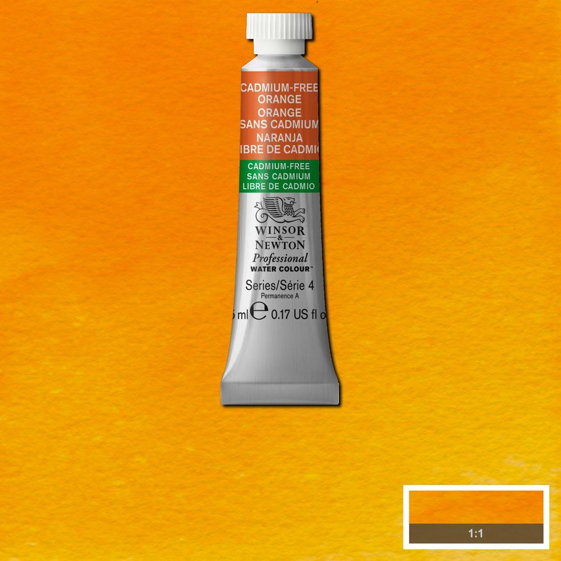 Tube of Cadmium-Free Orange Winsor & Newton Professional Water Colour with a paint swatch for the background