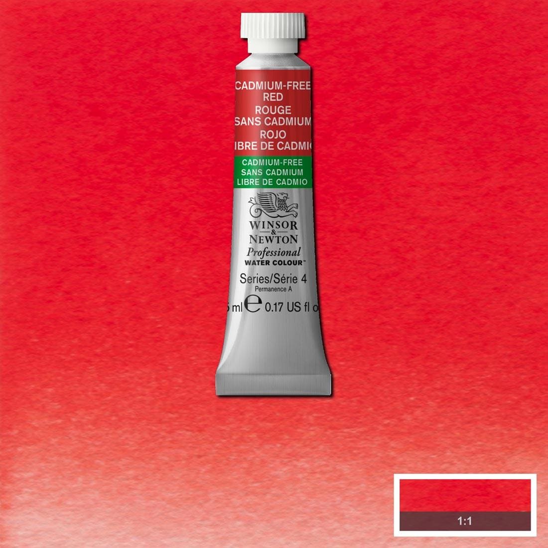 Tube of Cadmium-Free Red Winsor & Newton Professional Water Colour with a paint swatch for the background