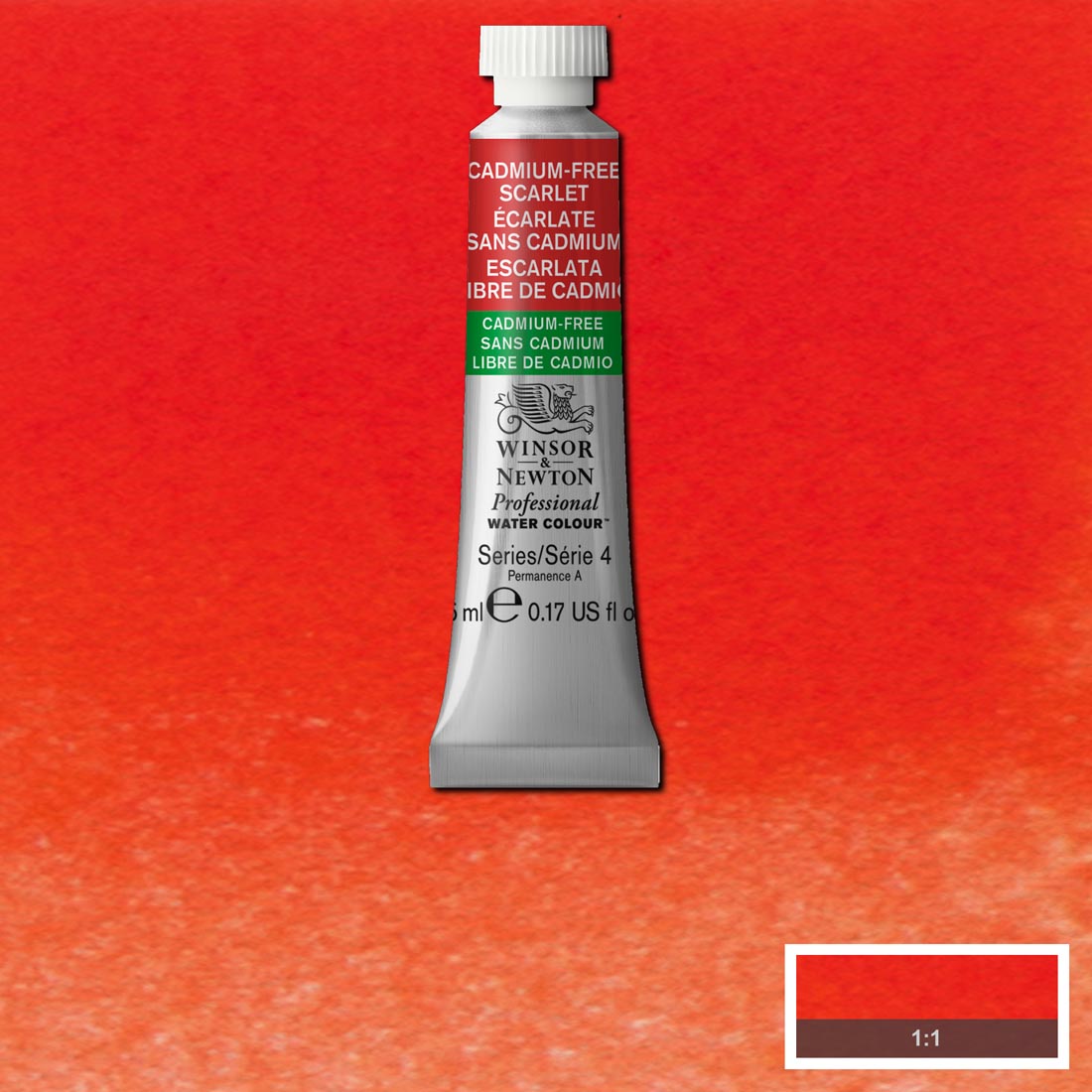 Tube of Cadmium-Free Scarlet Winsor & Newton Professional Water Colour with a paint swatch for the background