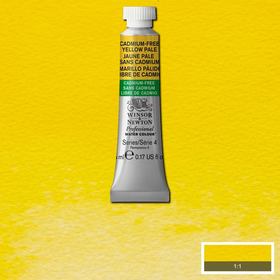 Tube of Cadmium-Free Yellow Pale Winsor & Newton Professional Water Colour with a paint swatch for the background