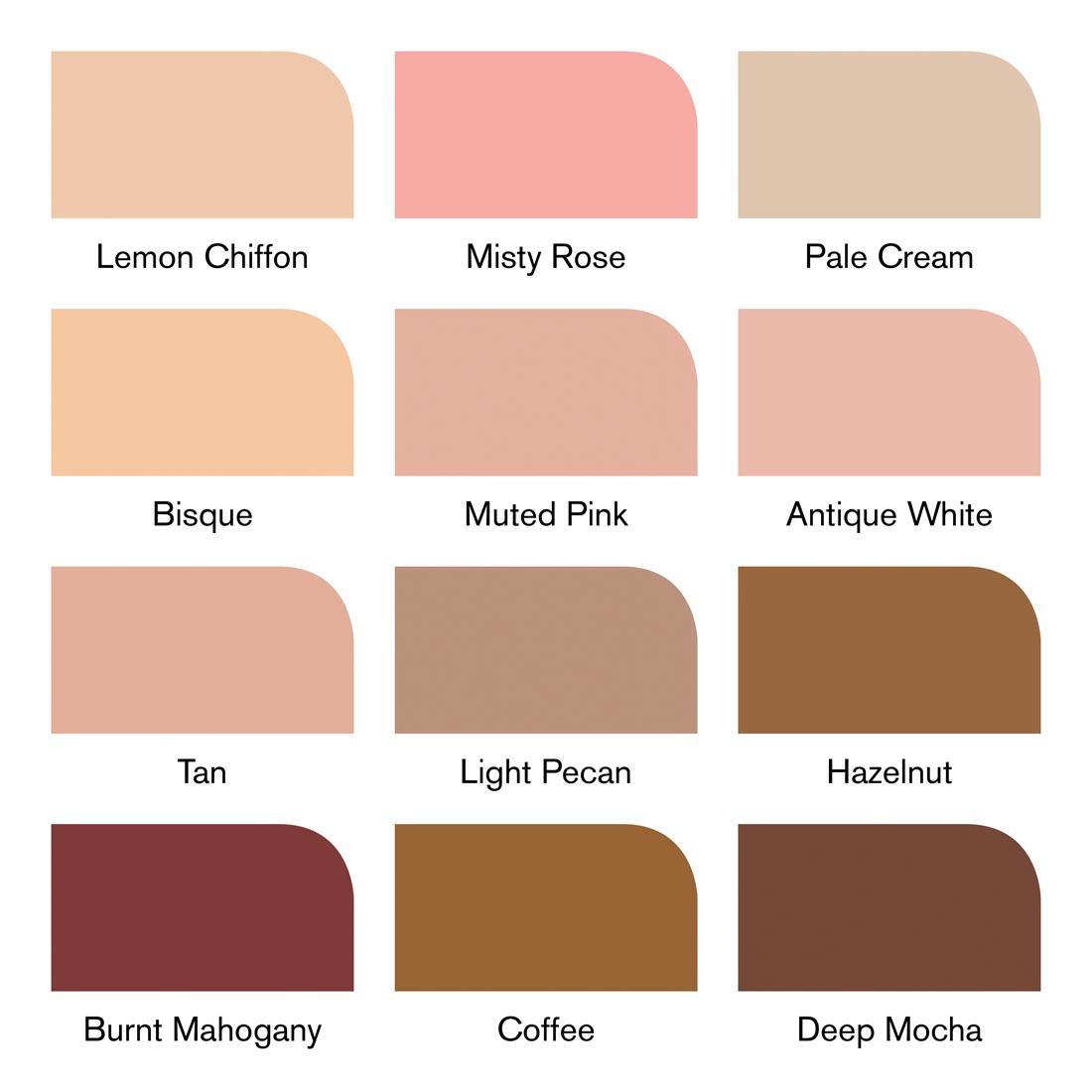 Swatches and names of colors found in Winsor & Newton Skin Tones ProMarker 13-Count Set