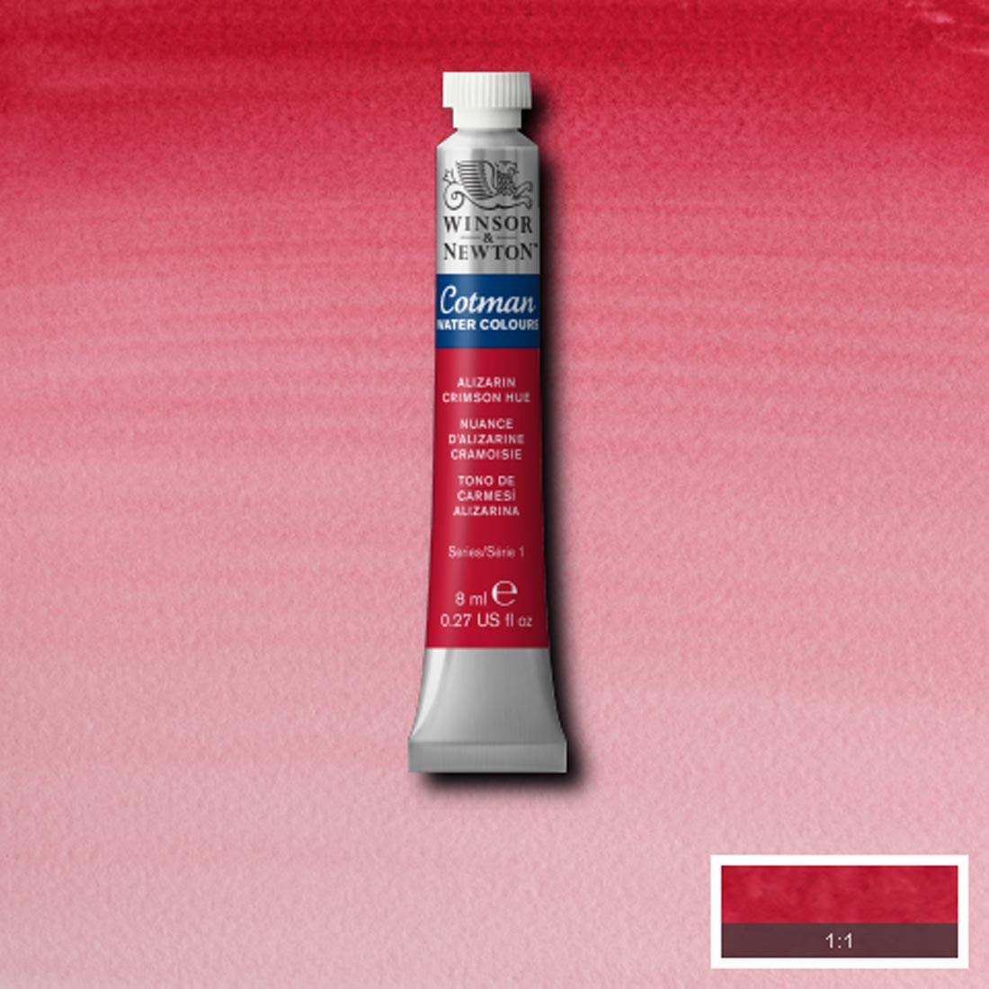 Tube of Alizarin Crimson Hue Winsor and Newton Cotman Water Colour with a paint swatch for the background