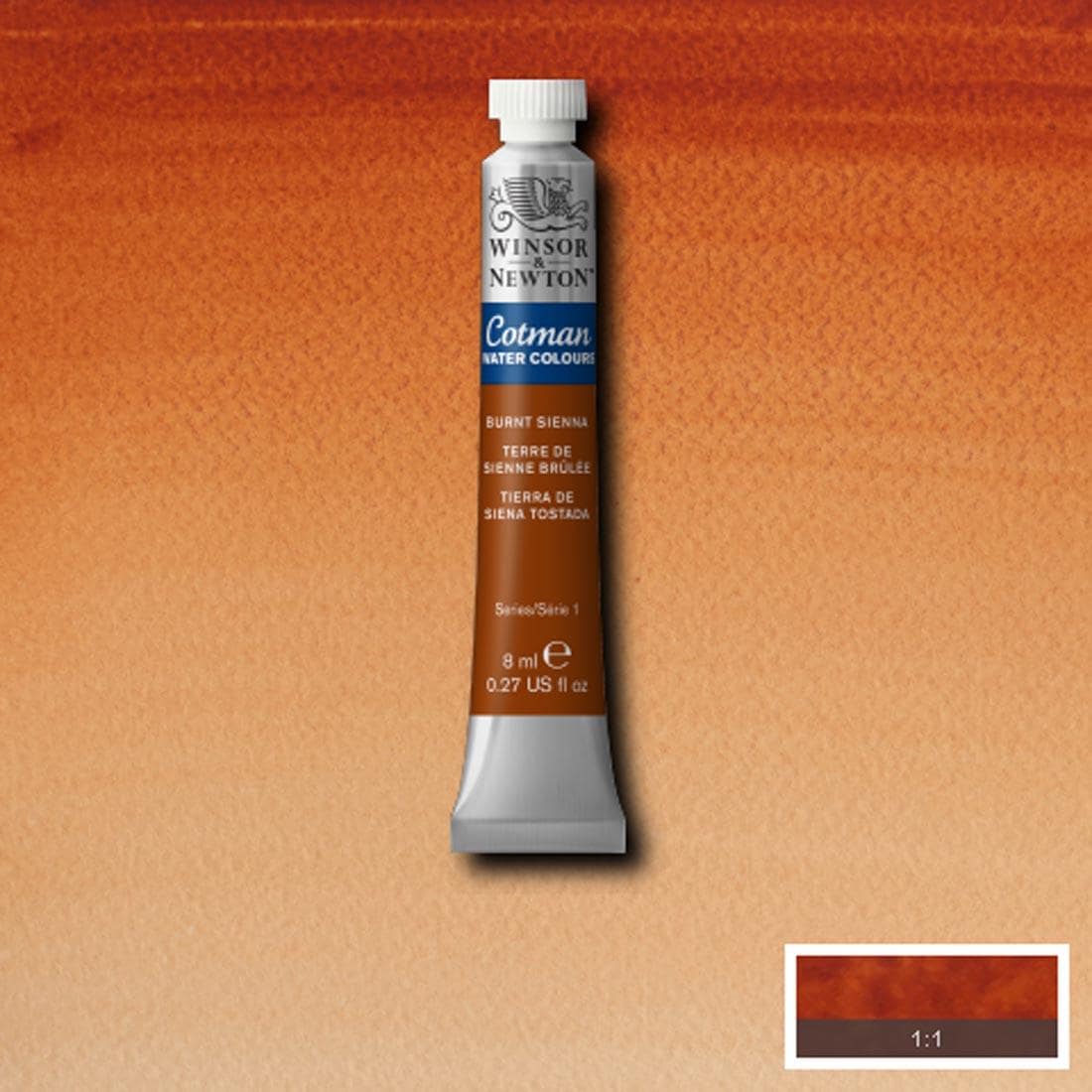 Tube of Burnt Sienna Winsor and Newton Cotman Water Colour with a paint swatch for the background