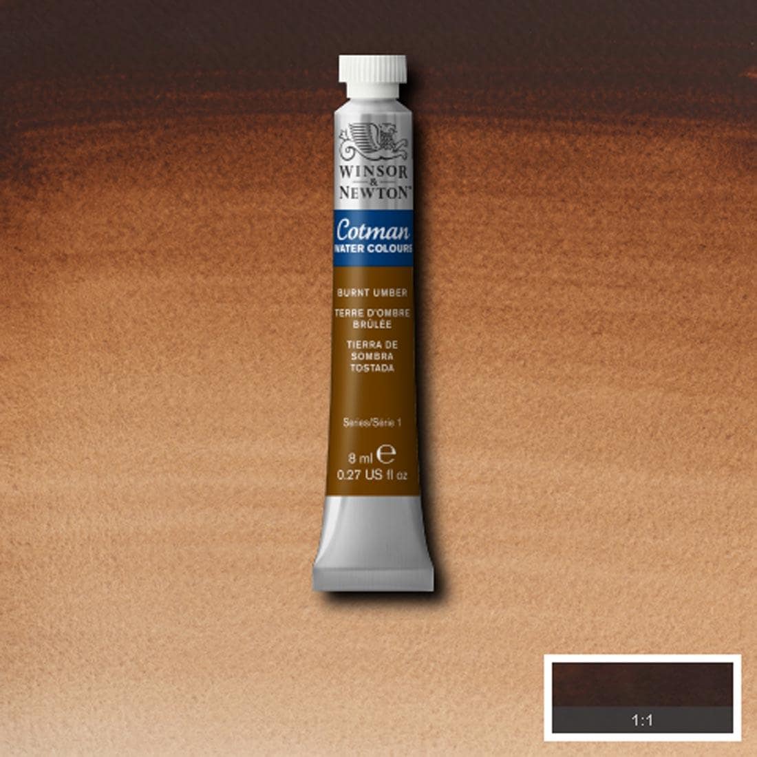 Tube of Burnt Umber Winsor and Newton Cotman Water Colour with a paint swatch for the background