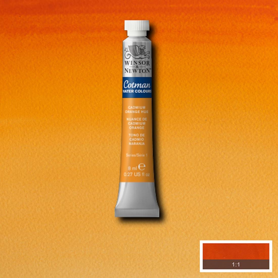 Tube of Cadmium Orange Hue Winsor and Newton Cotman Water Colour with a paint swatch for the background