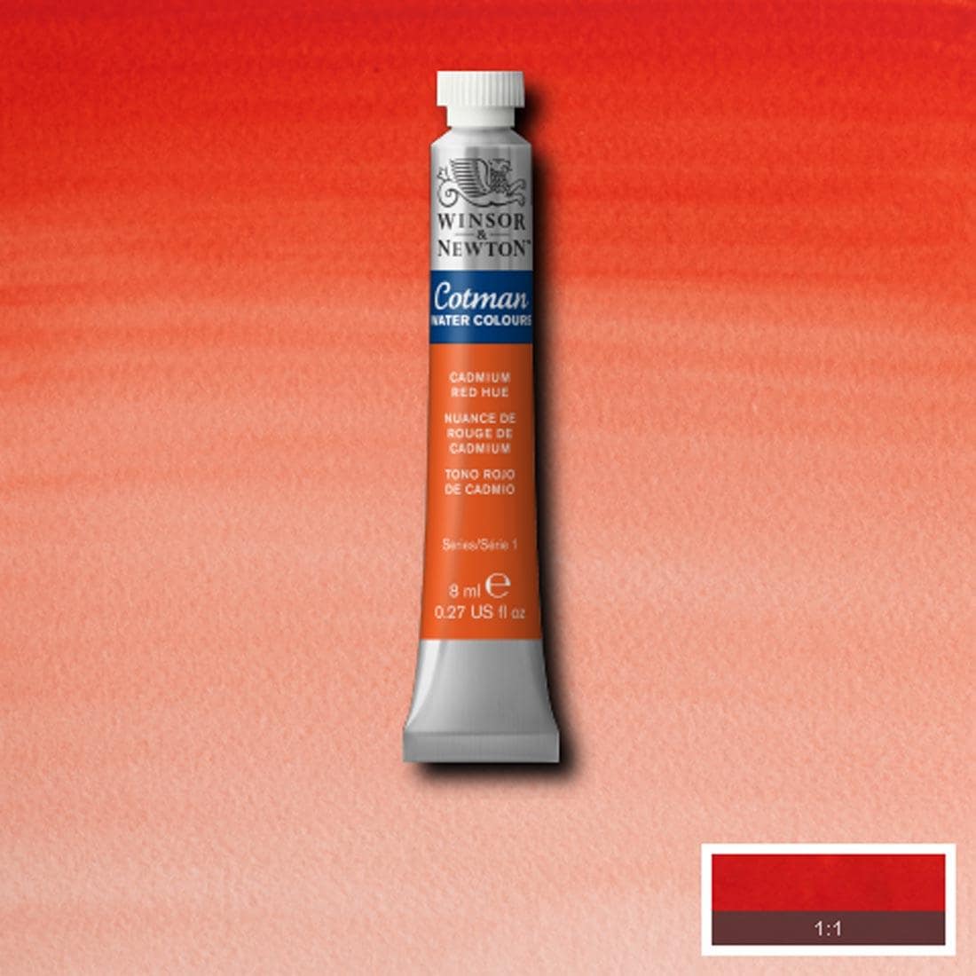 Tube of Cadmium Red Hue Winsor and Newton Cotman Water Colour with a paint swatch for the background