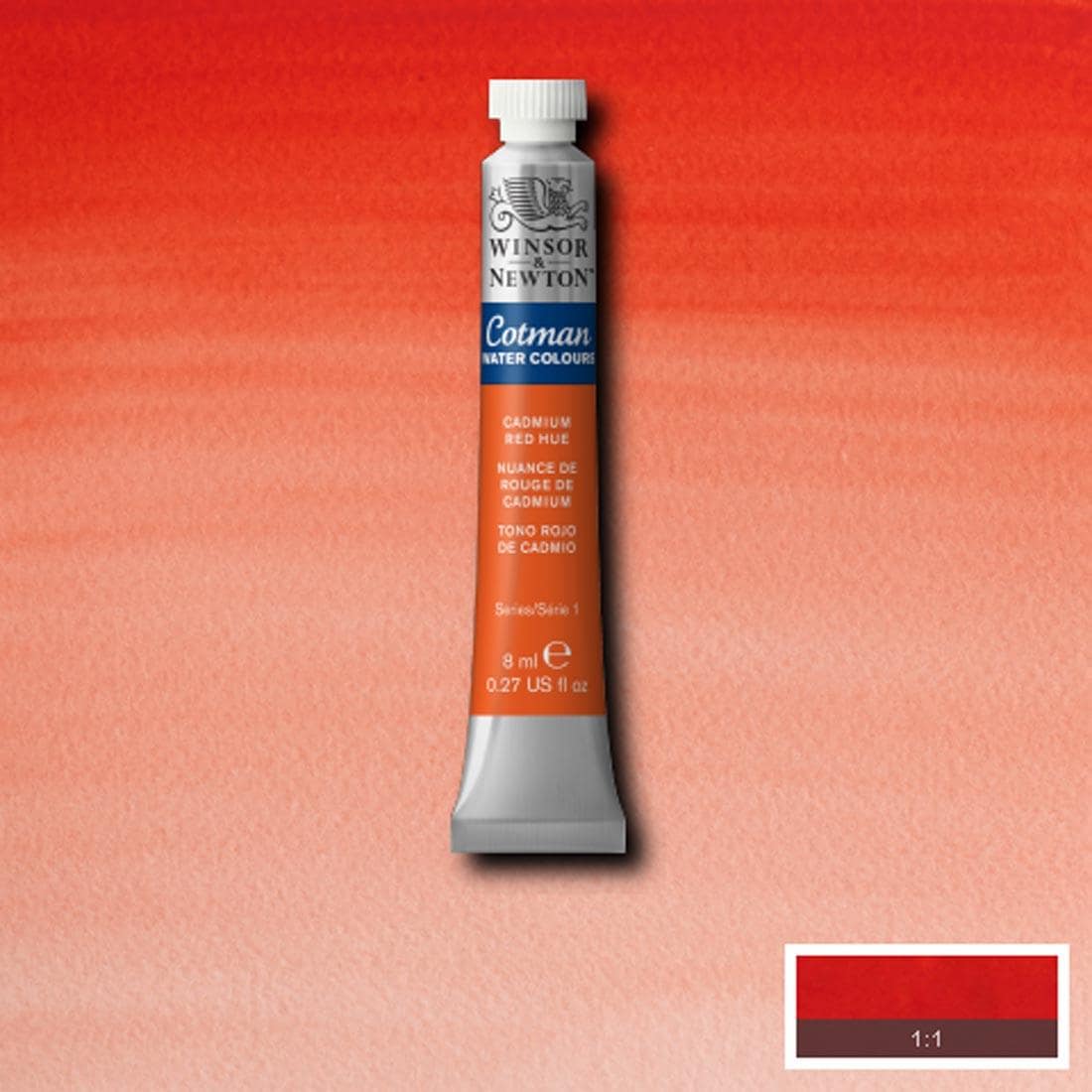 Tube of Cadmium Red Hue Winsor and Newton Cotman Water Colour with a paint swatch for the background