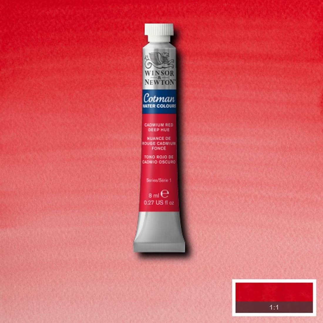 Tube of Cadmium Red Deep Hue Winsor and Newton Cotman Water Colour with a paint swatch for the background