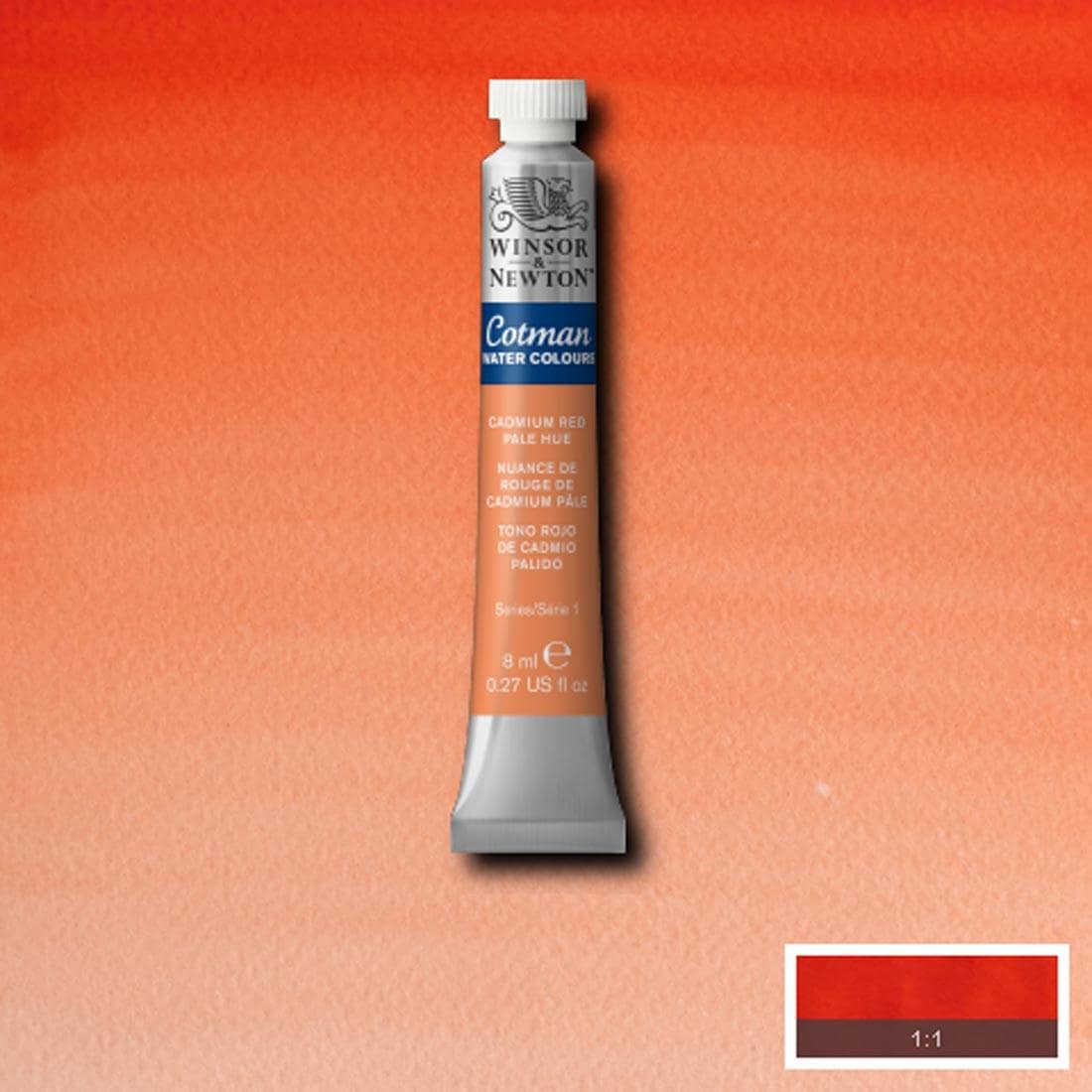 Tube of Cadmium Red Pale Hue Winsor and Newton Cotman Water Colour with a paint swatch for the background